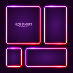 Glowing neon banners, illuminated colorful square frames. Shiny vibrant border, glow effect. Purple vintage retro lights, night illumination. Modern futuristic UI design elements. Vector illustration