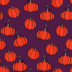 Seamless pattern with pumpkins on color background. Vector hand drawn sketched pumpkin. Autumn illustration for holidays, Halloween. Various food items in doodle style