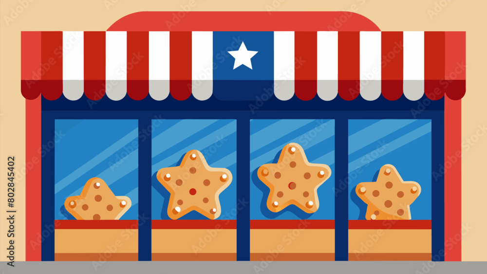 Poster a bakery window featuring an assortment of starshaped cookies cleverly arranged to form an american 