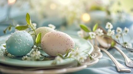 Colorful, light-hued Easter eggs sit on a plate with utensils nearby. The image captures the festive spirit of Easter.