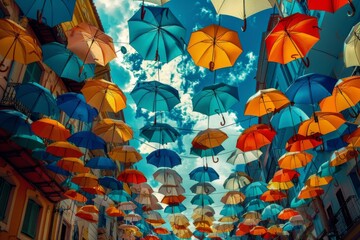 Fototapeta na wymiar Colorful umbrellas arranged in the sky for decoration