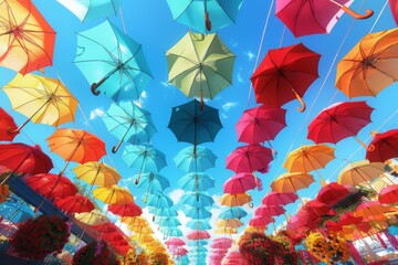 Fototapeta na wymiar Colorful umbrellas arranged in the sky for decoration