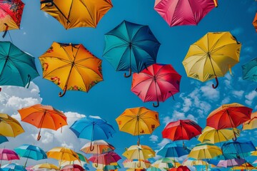 Fototapeta na wymiar Colorful umbrellas arranged in the sky for decoration