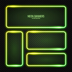Glowing neon banners, illuminated colorful square frames. Shiny vibrant border, glow effect. Green vintage retro lights, night illumination. Modern futuristic UI design elements. Vector illustration