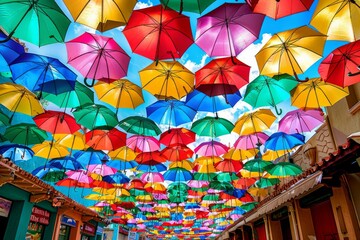 Colorful umbrellas arranged in the sky for decoration
