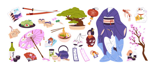 National items of Japan set. Traditional Japanese culture, asian elements: sakura, bonsai, oriental tea ceremony. Touristic souvenirs: kimono, maneki neko. Flat isolated vector illustrations on white