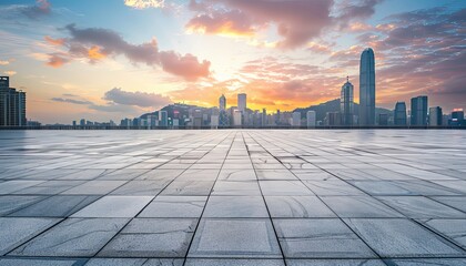 Empty square floors and city skyline with modern buildings at sunset high angle view