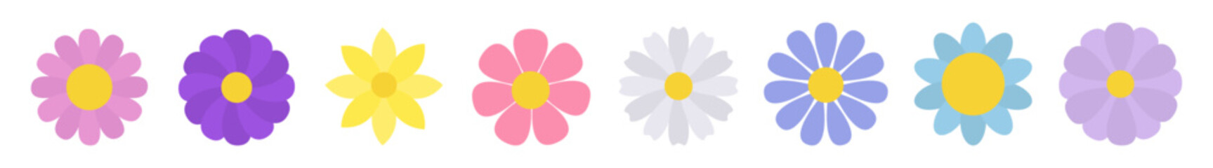 Spring flower set line. . Daisy chamomile, daffodil, sun flower, chrysanthemum. Colorful flowers collection. Growing concept. Fresh and blooming elements. Flat design. Isolated White background Vector