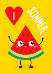 Watermelon slice piece. Cute cartoon kawaii funny baby character. Smiling face, big eyes. Hands, legs. Healthy food. I love summer greeting card. Childish style. Flat design. Yellow background. Vector