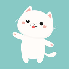 White cat kitten kitty wit pink ears, par print. Cute cartoon kawaii funny animal baby character. Smiling face. Happy Valentines Day. Flat design. Love card. Blue background. Isolated. Vector