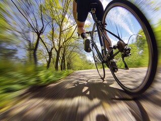 Close-up of a cyclist's lower body pedaling along a scenic trail, motion blur conveys speed and movement.