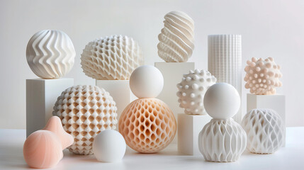 collection of pastel natural colors 3D printed shapes on a white background, including geometric objects with various textures like smooth or textured surfaces
