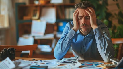 Man overwhelmed with paperwork, perfect for illustrating financial stress and the need for money management
