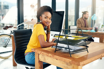 Portrait, black woman and computer in office with smile for career, job growth and opportunity in...