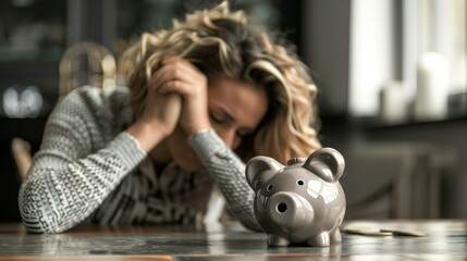 Woman at kitchen table worried about finances, suitable for content on domestic financial management and stress reduction