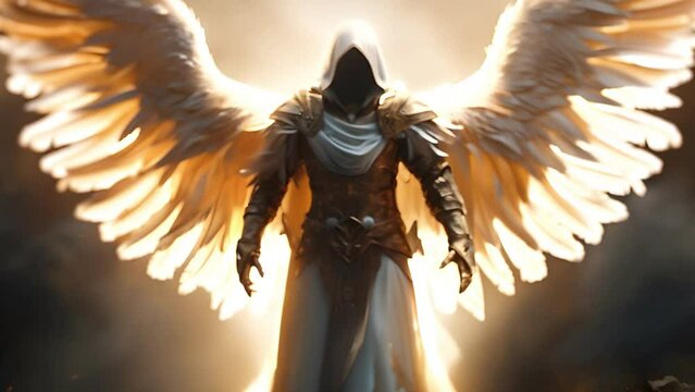 A mythical angel with white wings and armor.