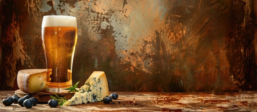 Blue cheese starter and beer on brown retro background with room for text - Powered by Adobe