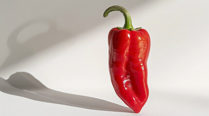 Upright red pepper casting a shadow on a bright white background.