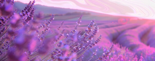 Dreamy Lavender Field Sunset with Ethereal Pink Skies