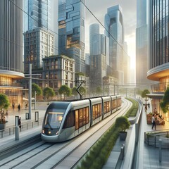 Obraz premium Modern tram trains view in middle a city buildings.