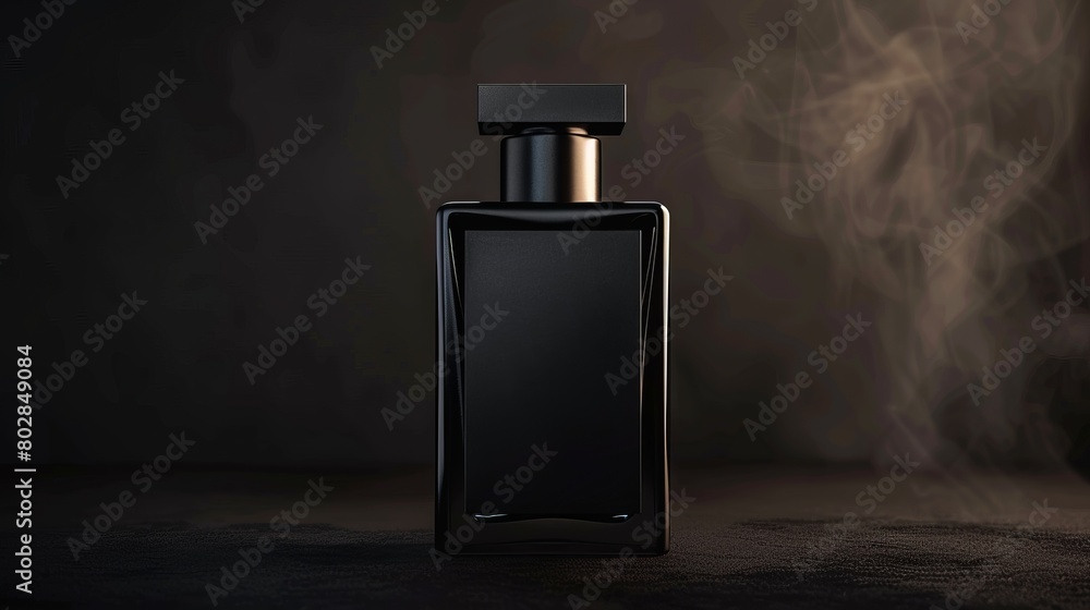 Wall mural mockup template, blank black perfume bottle for label, with soft lighting to highlight bottle detail