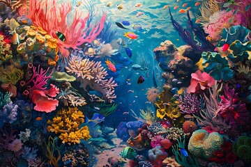 Fototapeta na wymiar A vibrant coral reef teeming with colorful marine life.