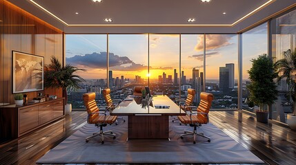 Create a captivating boardroom scene with sleek, modern furniture and panoramic city views, exuding an air of sophistication and success.
