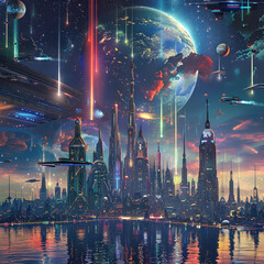 Futuristic Metropolis under Celestial Bodies: A Glimpse of Advanced Civilization