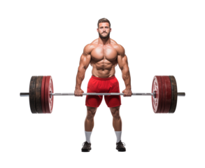 A muscular man is squatting with a heavy barbell lifted, isolated on a transparent background. Generative AI