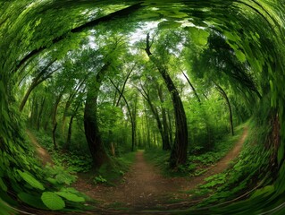 Lush green forest with a curving path, captured in a circular fisheye perspective.