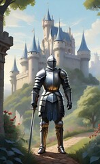 Naklejka premium Medieval knight in shining armor standing in front of a castle in the background.