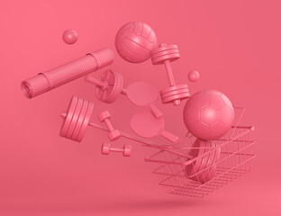 Sport equipment for fitness, gym in shopping basket on monochrome