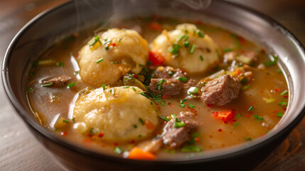 Classic jamaican beef soup with light and airy dumplings, served piping hot with a dash of herbs in a charming bowl