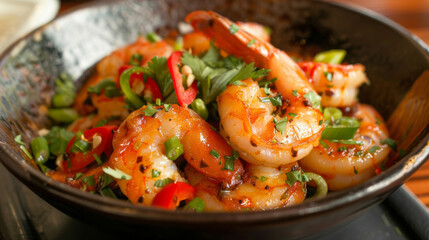 Authentic jamaican shrimp dish garnished with fresh herbs and colorful bell peppers, served in a ceramic bowl on a wooden table