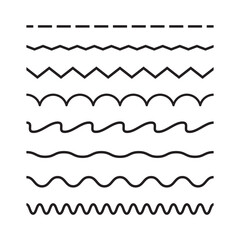 Collection of simple seamless border lines, including zigzag, curved, stitched lines, and more. Flat vector illustration.