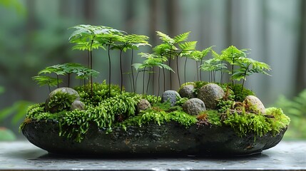 Delve into the hidden world of a moss-covered rock, where tiny ferns unfurl in miniature forests,...