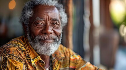 A wise old man with grey hair and beard, wearing a colorful shirt, is smiling.