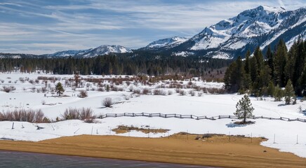 Snowy meadow and fence and mountain landscape. Cascade, South Lake Tahoe, California, United States...