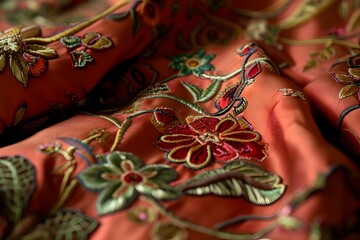 Exquisite Hand Stitched Floral Embroidery on Luxurious Silk Gown Showcasing Meticulous Craftsmanship