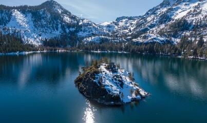 Emerald Bay Vista, snowy mountains, forest and Fannette Island on Lake Tahone., South Lake Tahoe,...