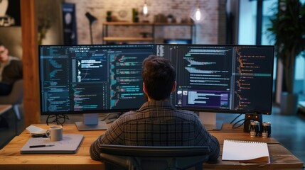 A focused software developer codes on a dual monitor setup in a modern office environment with a minimalist aesthetic. AIG41