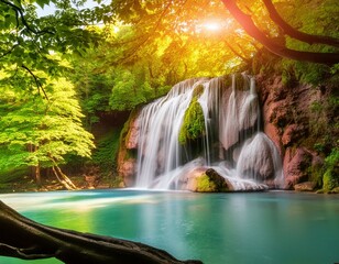 waterfall in the forest, Cascading Majesty, Waterfall Among Hills and Trees