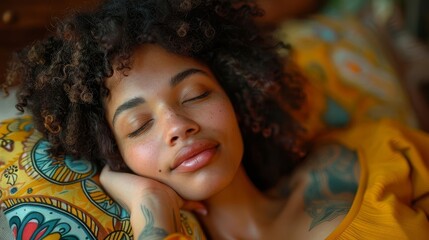 A young woman with curly hair is sleeping on a pillow. Her eyes are closed and her face is relaxed. She is wearing a yellow shirt.