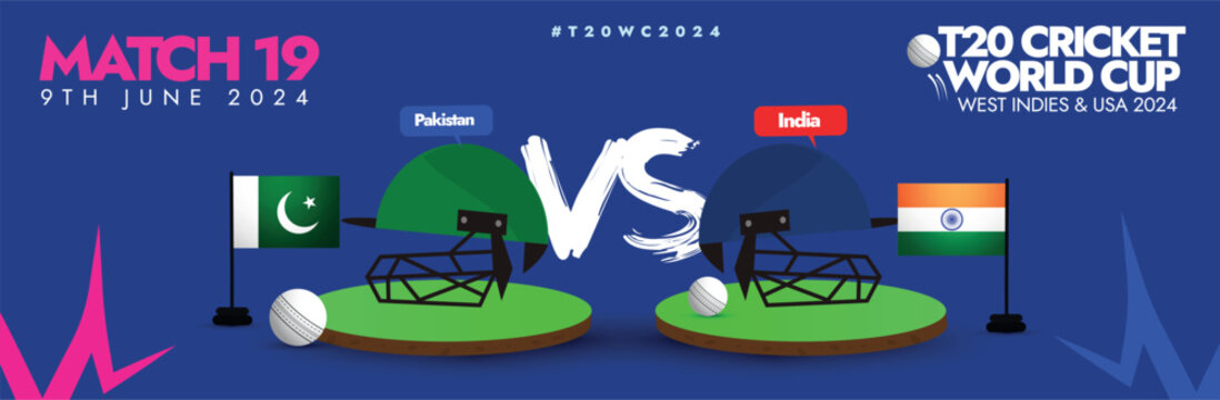 ICC T2O Pakistan vs India match 2024. T20 world cup big match between Pakistan and India cover banner.