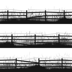 Fototapeta premium Meadow silhouettes with grass and old wooden fence. Countryside, panoramic summer lawn rural landscape with herbs, weeds. Herbal border, frame element. Black horizontal banners. Vector illustration