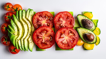 Tomatoes and avocados checkerboard flat lay on a white background.