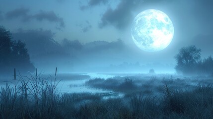 Full moon casting an eerie glow over a misty landscape