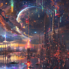 Futuristic Metropolis under Celestial Bodies: A Glimpse of Advanced Civilization