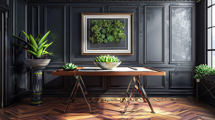 Creative studio with dark walls, wooden flooring, classic drafting table, and decorative greenery.