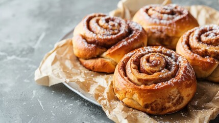 Freshly baked cinnamon rolls with sugar topping on wooden surface. Bakery and dessert concept